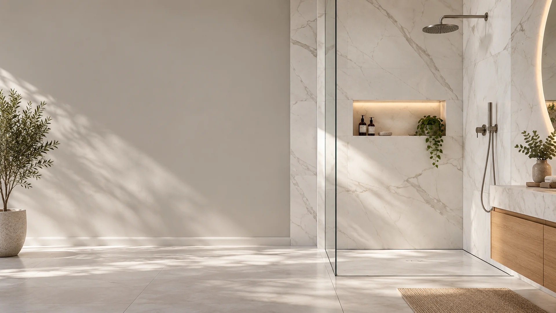 Illustrative porcelain shower with a recessed niche